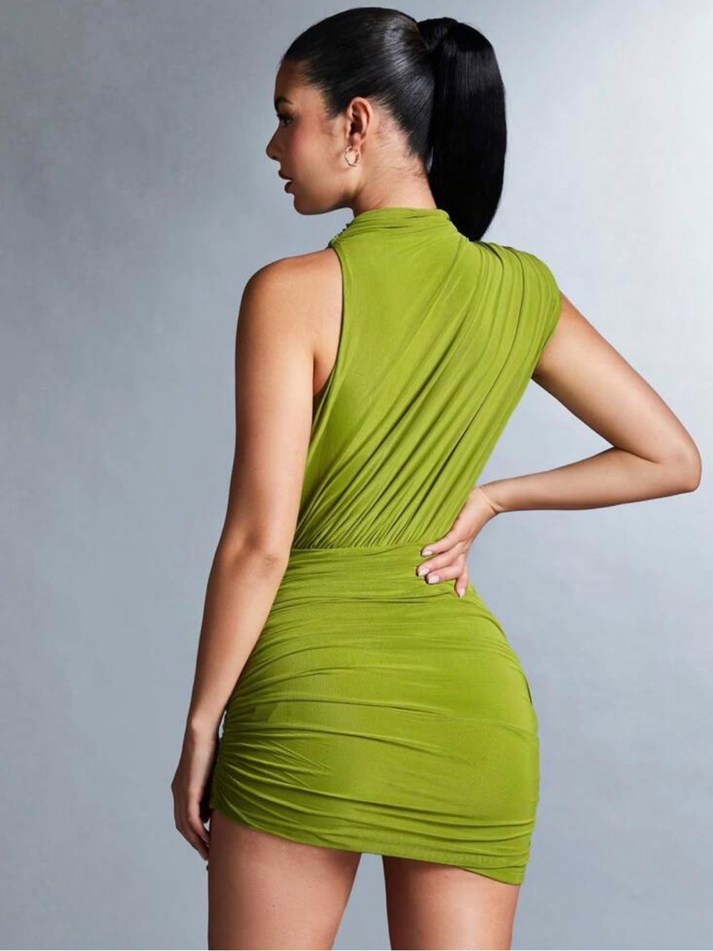 SHEIN Olive Green One-Shoulder Ruched Mini Dress - Picture 3 of 6